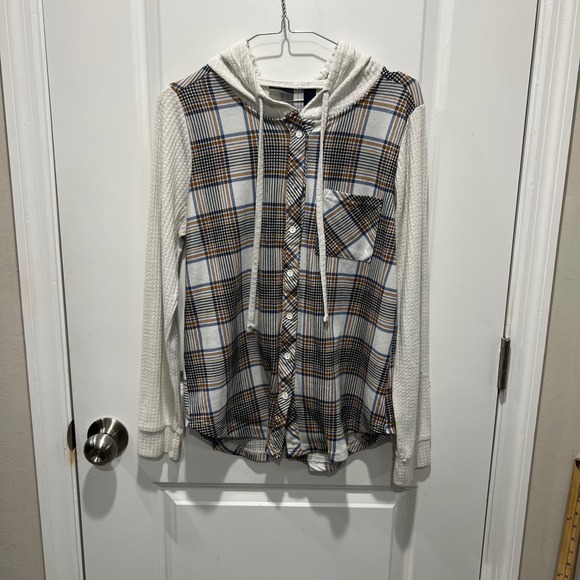 Daytrip Tops - Daytrip Womens Plaid Hooded Button Up Waffle Knit Sleeve Shirt Blue Brown Size M